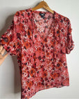 PAIGE 100% Silk Pink Floral Short Sleeve Flowy V- Neck Blouse Top
