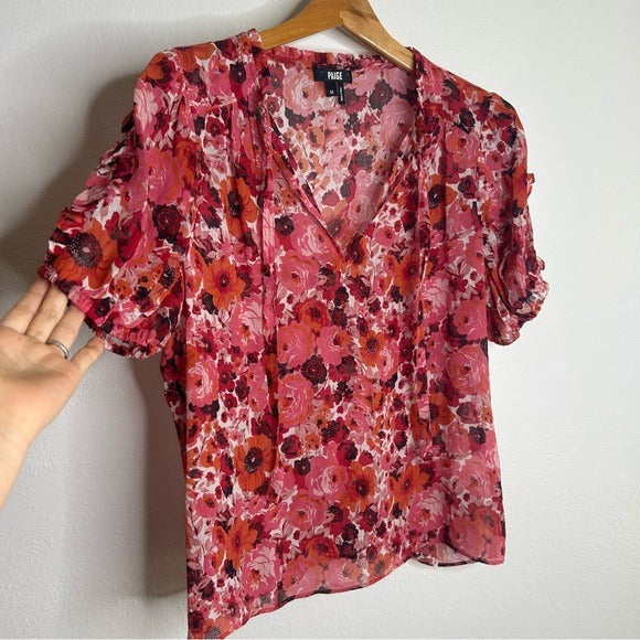 PAIGE 100% Silk Pink Floral Short Sleeve Flowy V- Neck Blouse Top