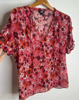 PAIGE 100% Silk Pink Floral Short Sleeve Flowy V- Neck Blouse Top