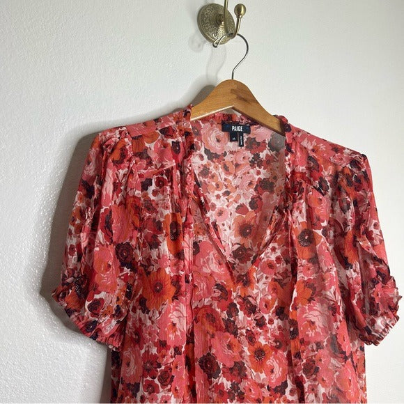 PAIGE 100% Silk Pink Floral Short Sleeve Flowy V- Neck Blouse Top
