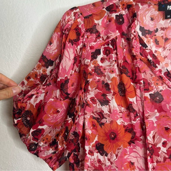 PAIGE 100% Silk Pink Floral Short Sleeve Flowy V- Neck Blouse Top