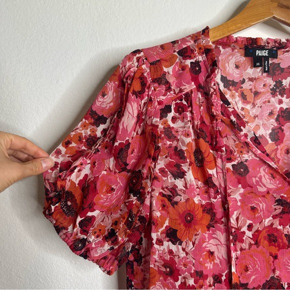 PAIGE 100% Silk Pink Floral Short Sleeve Flowy V- Neck Blouse Top