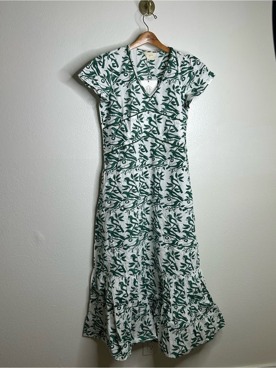 Ex Voto Ex Voto 100% Cotton White Green Bird Block Printed Maxi Dress - Cotton