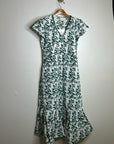 Ex Voto 100% Cotton White Green Bird Block Printed Maxi Dress