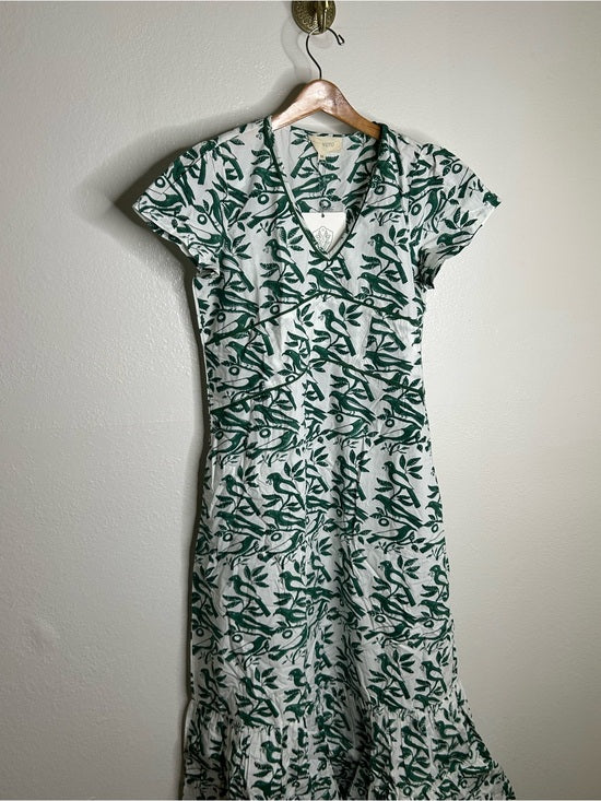 Ex Voto Ex Voto 100% Cotton White Green Bird Block Printed Maxi Dress - Cotton