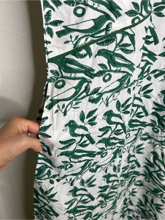 Ex Voto 100% Cotton White Green Bird Block Printed Maxi Dress