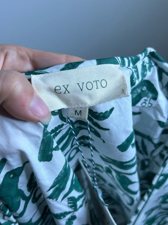 Ex Voto 100% Cotton White Green Bird Block Printed Maxi Dress