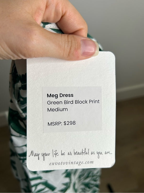 Ex Voto 100% Cotton White Green Bird Block Printed Maxi Dress