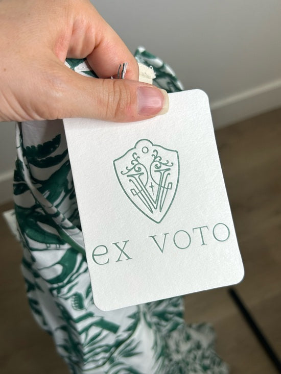 Ex Voto 100% Cotton White Green Bird Block Printed Maxi Dress