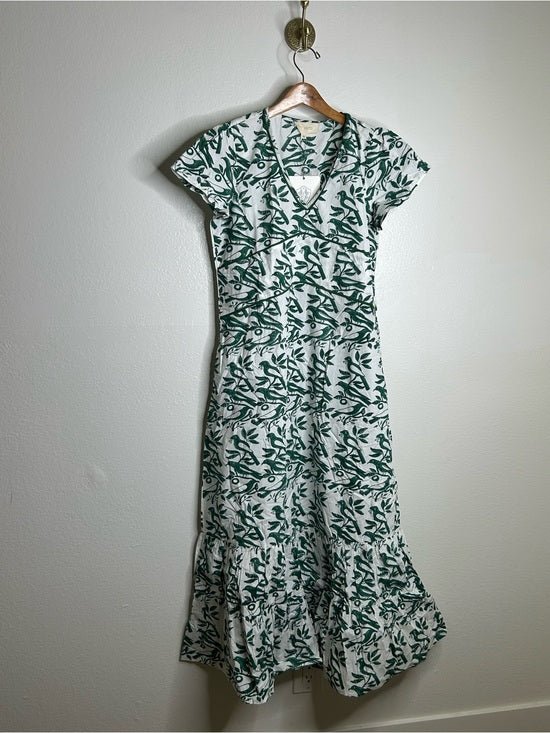 Ex Voto Ex Voto 100% Cotton White Green Bird Block Printed Maxi Dress - Cotton