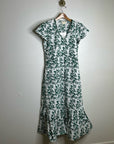 Ex Voto 100% Cotton White Green Bird Block Printed Maxi Dress
