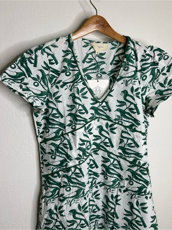 Ex Voto Ex Voto 100% Cotton White Green Bird Block Printed Maxi Dress - Cotton