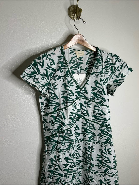 Ex Voto Ex Voto 100% Cotton White Green Bird Block Printed Maxi Dress - Cotton