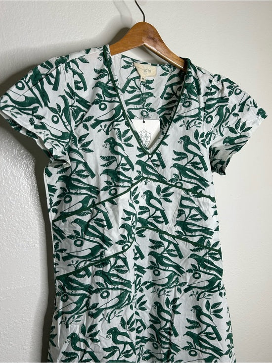 Ex Voto Ex Voto 100% Cotton White Green Bird Block Printed Maxi Dress - Cotton