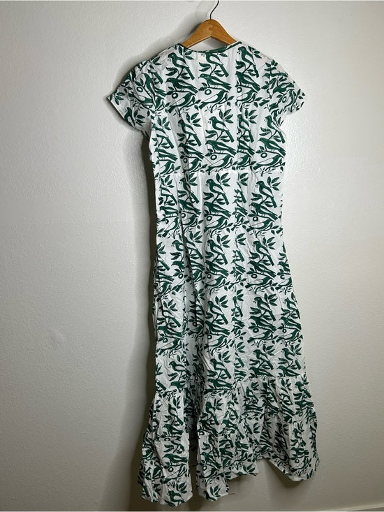 Ex Voto 100% Cotton White Green Bird Block Printed Maxi Dress