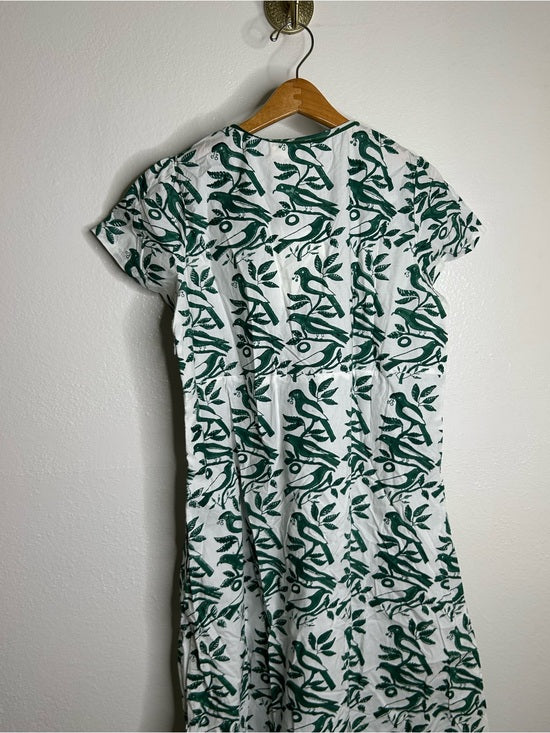 Ex Voto 100% Cotton White Green Bird Block Printed Maxi Dress