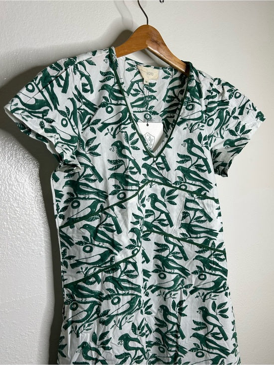 Ex Voto 100% Cotton White Green Bird Block Printed Maxi Dress