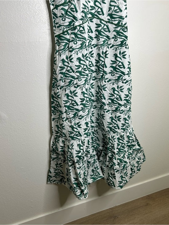 Ex Voto 100% Cotton White Green Bird Block Printed Maxi Dress