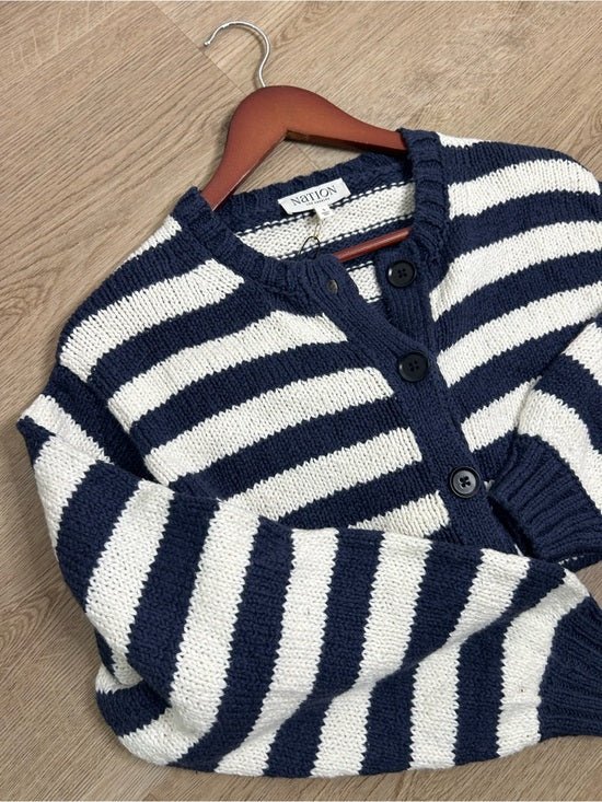 Nation LTD Nation LA 100% Cotton Chunky Knit Navy Striped Button Down Cardigan Sweater - Cotton