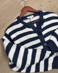 Nation LA 100% Cotton Chunky Knit Navy Striped Button Down Cardigan Sweater