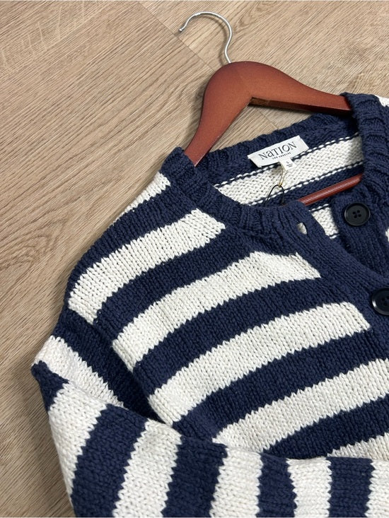 Nation LTD Nation LA 100% Cotton Chunky Knit Navy Striped Button Down Cardigan Sweater - Cotton
