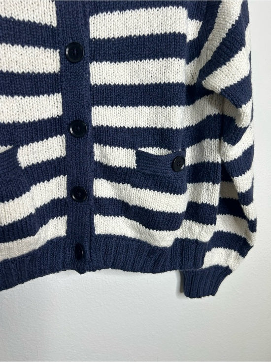 Nation LA 100% Cotton Chunky Knit Navy Striped Button Down Cardigan Sweater