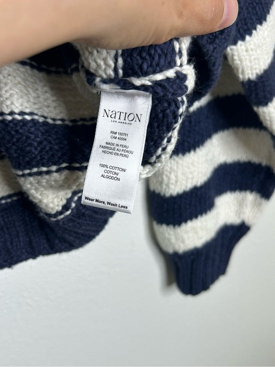 Nation LA 100% Cotton Chunky Knit Navy Striped Button Down Cardigan Sweater