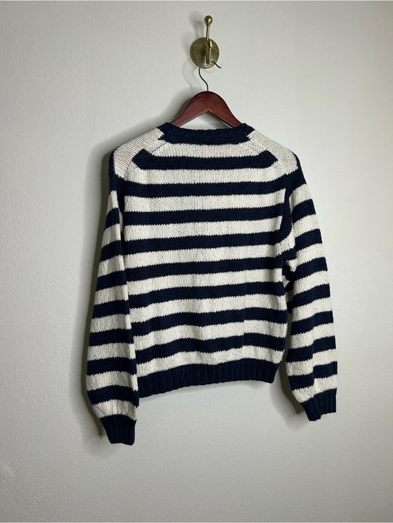 Nation LA 100% Cotton Chunky Knit Navy Striped Button Down Cardigan Sweater