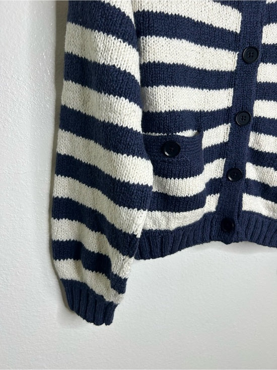Nation LA 100% Cotton Chunky Knit Navy Striped Button Down Cardigan Sweater