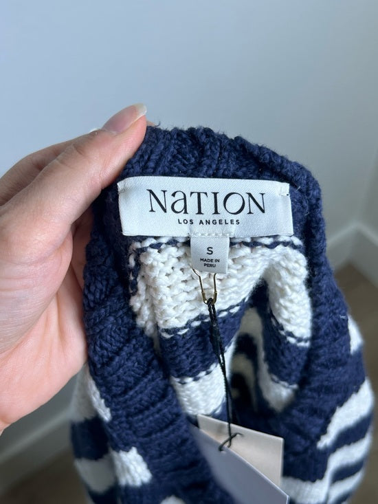 Nation LA 100% Cotton Chunky Knit Navy Striped Button Down Cardigan Sweater