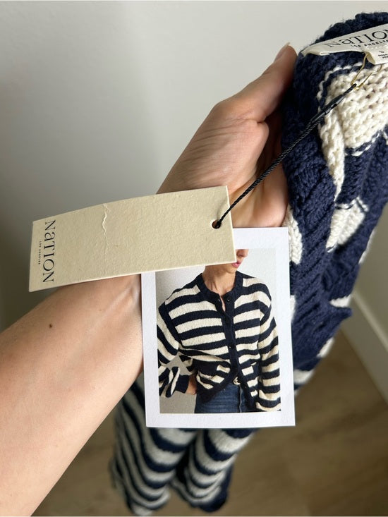 Nation LA 100% Cotton Chunky Knit Navy Striped Button Down Cardigan Sweater