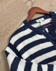 Nation LA 100% Cotton Chunky Knit Navy Striped Button Down Cardigan Sweater