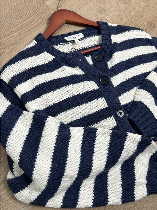 Nation LTD Nation LA 100% Cotton Chunky Knit Navy Striped Button Down Cardigan Sweater - Cotton