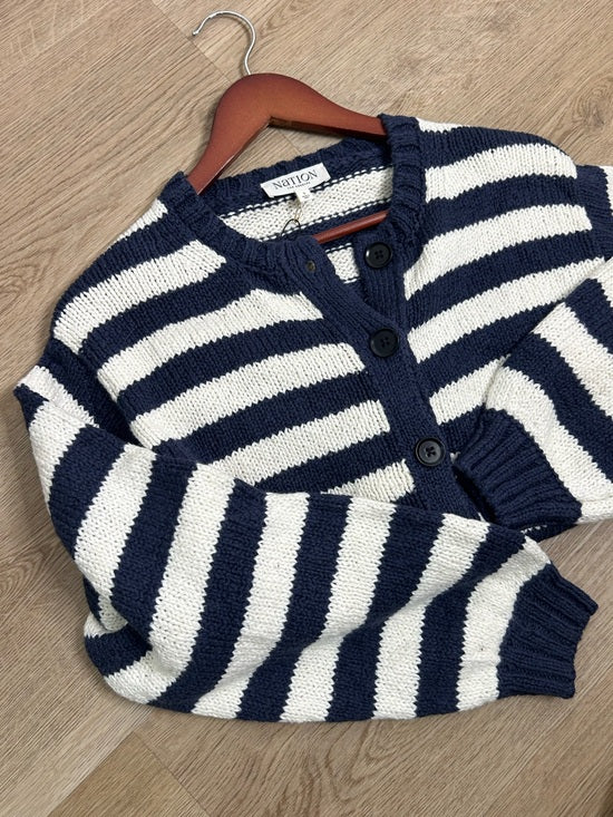 Nation LTD Nation LA 100% Cotton Chunky Knit Navy Striped Button Down Cardigan Sweater - Cotton