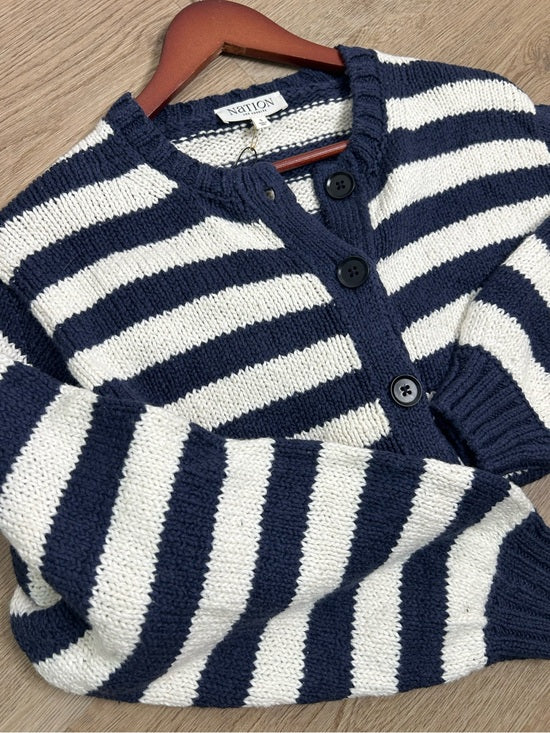 Nation LTD Nation LA 100% Cotton Chunky Knit Navy Striped Button Down Cardigan Sweater - Cotton