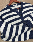 Nation LA 100% Cotton Chunky Knit Navy Striped Button Down Cardigan Sweater