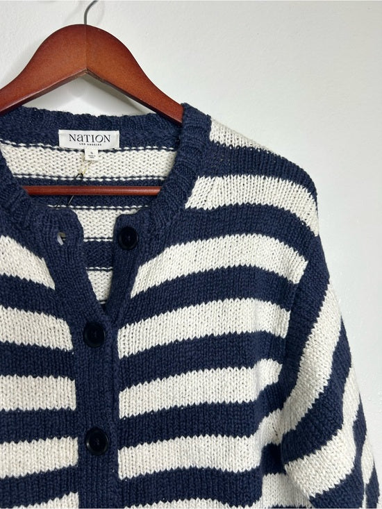 Nation LA 100% Cotton Chunky Knit Navy Striped Button Down Cardigan Sweater