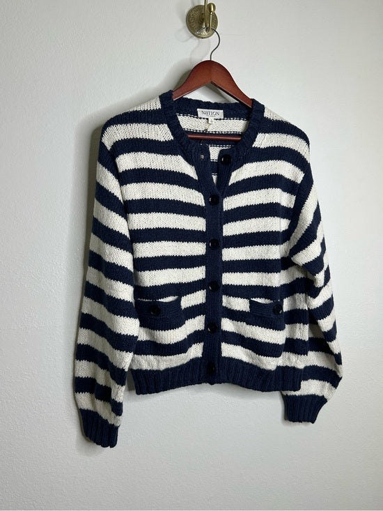 Nation LA 100% Cotton Chunky Knit Navy Striped Button Down Cardigan Sweater