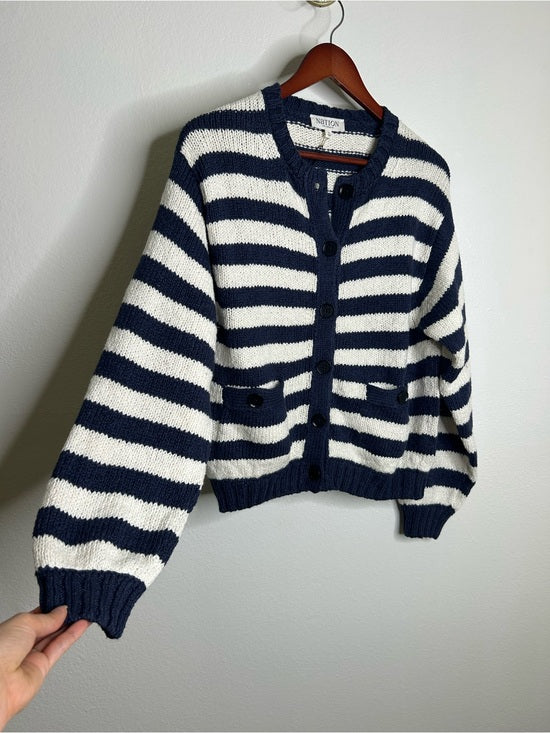 Nation LA 100% Cotton Chunky Knit Navy Striped Button Down Cardigan Sweater