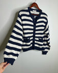 Nation LA 100% Cotton Chunky Knit Navy Striped Button Down Cardigan Sweater