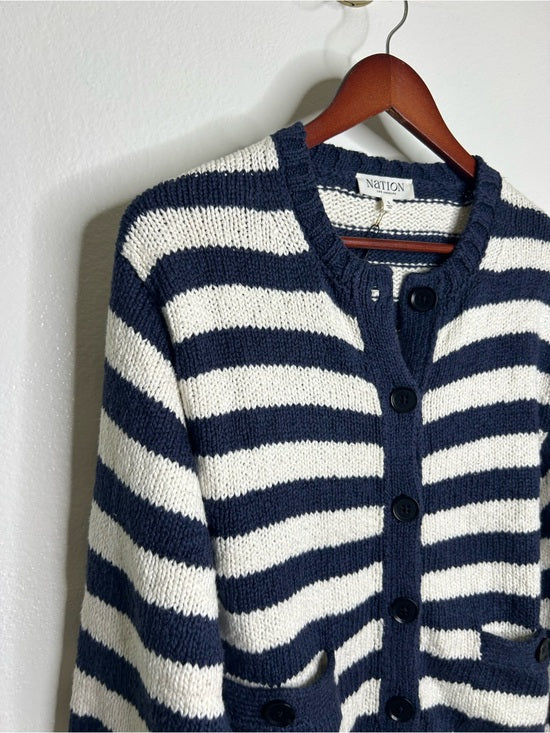 Nation LA 100% Cotton Chunky Knit Navy Striped Button Down Cardigan Sweater