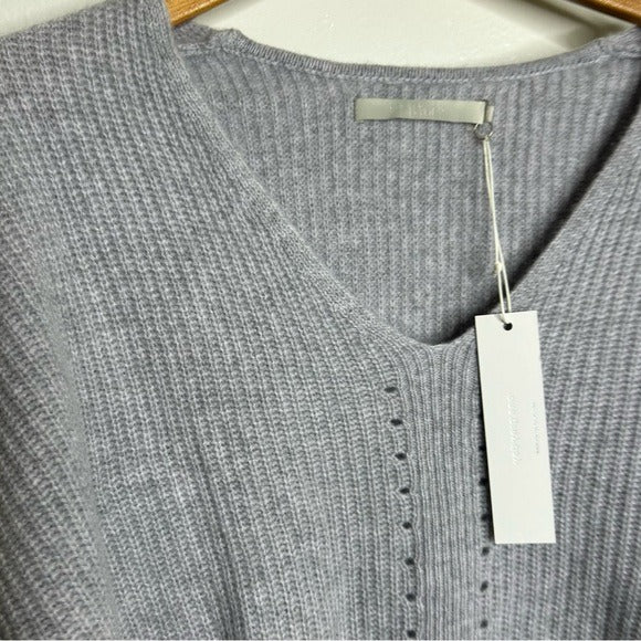 One Grey Day 100% Cashmere Textured Ribbed V - Neck Pullover Gray Sweater