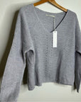 One Grey Day 100% Cashmere Textured Ribbed V - Neck Pullover Gray Sweater