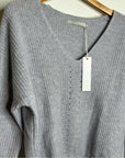 One Grey Day 100% Cashmere Textured Ribbed V - Neck Pullover Gray Sweater