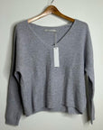 One Grey Day 100% Cashmere Textured Ribbed V - Neck Pullover Gray Sweater