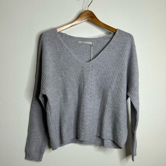 One Grey Day 100% Cashmere Textured Ribbed V - Neck Pullover Gray Sweater