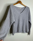 One Grey Day 100% Cashmere Textured Ribbed V - Neck Pullover Gray Sweater