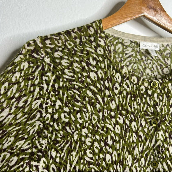 Garnet Hill 100% Merino Wool Green Brown Neutral Button Down Cardigan Sweater