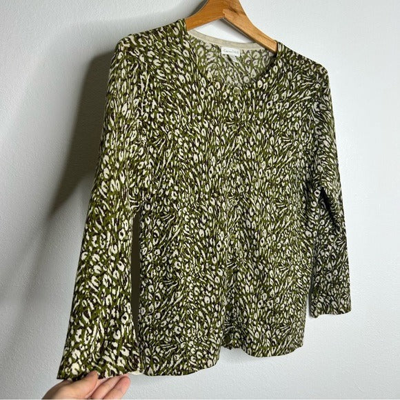 Garnet Hill Garnet Hill 100% Merino Wool Green Brown Neutral Button Down Cardigan Sweater - Wool