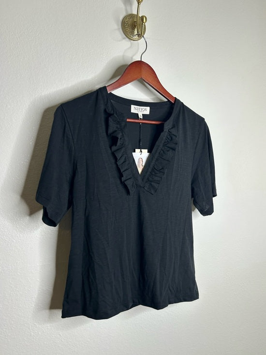 Nation LTD 100% Pima Cotton V - Neck Ruffle Blondie Short Sleeve Top